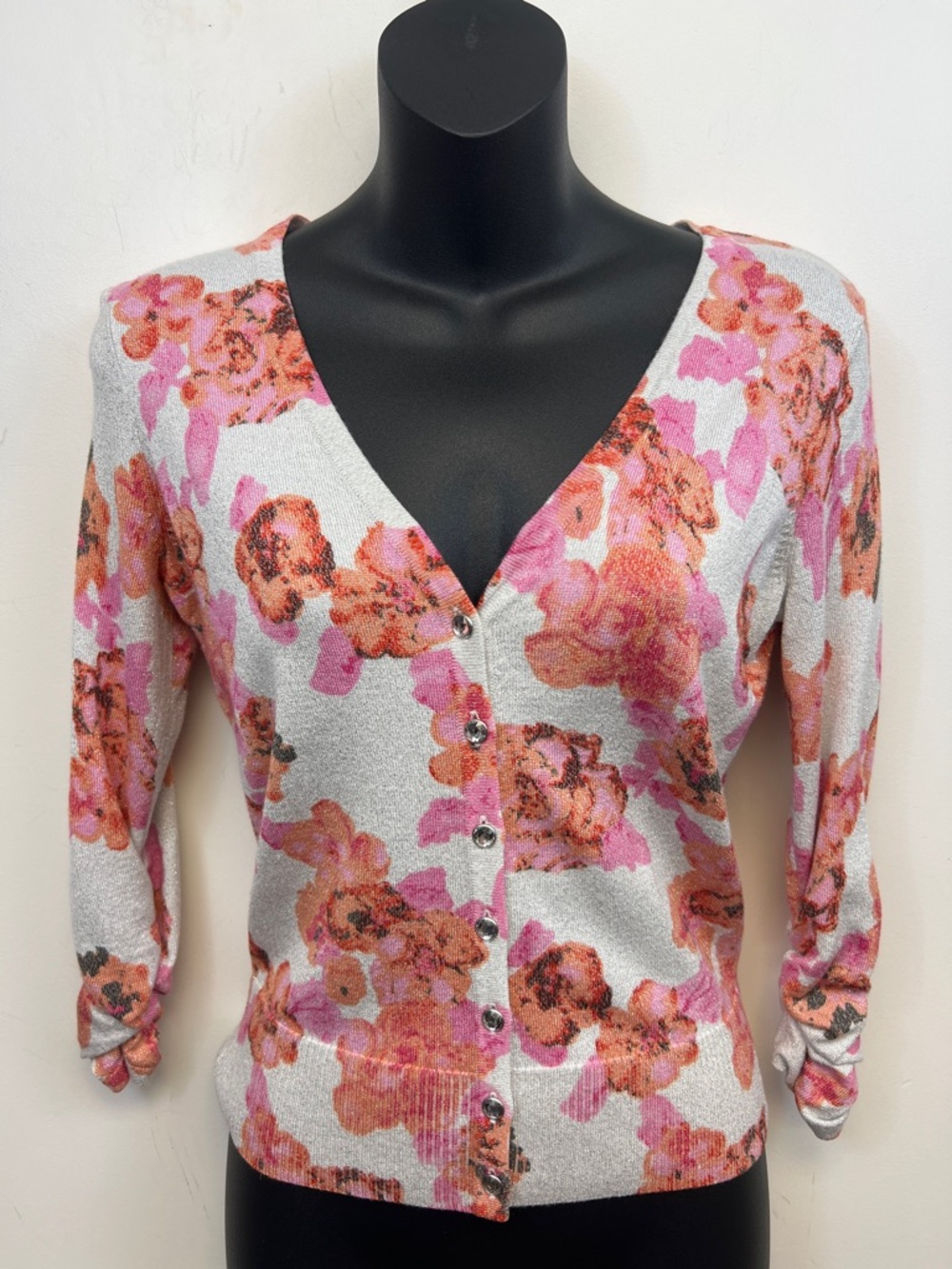 INC Women's Floral Cardigan Pink White Coral with Silver threads & buttons Small